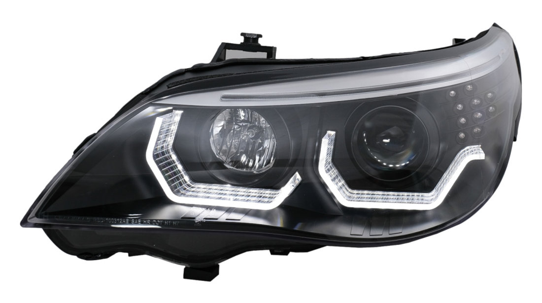 Faruri 3D LED Angel Eyes compatibil cu BMW Seria 5 E60 E61 (2003-2007) LCI Design Negru