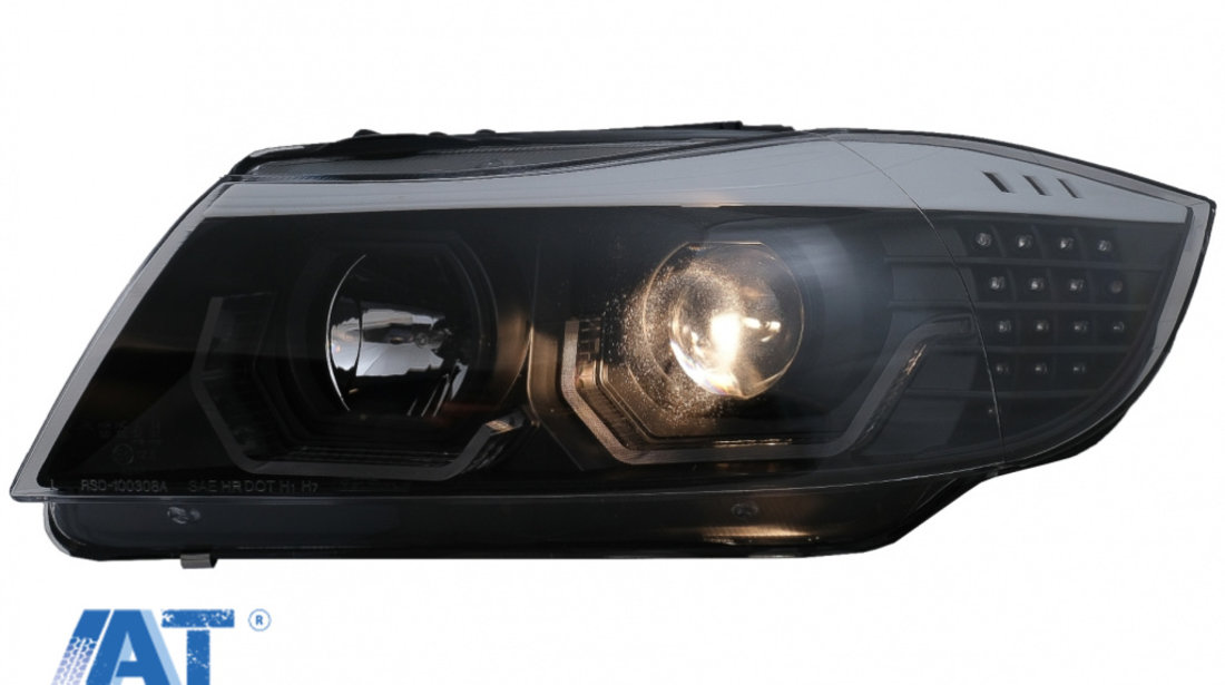 Faruri 3D LED Angel Eyes compatibil cu BMW Seria 3 Limousine E90 Touring E91 (03.2005-08.2008) LHD Negru