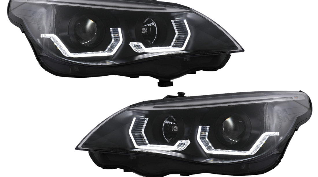 Faruri 3D LED Angel Eyes compatibil cu BMW Seria 5 E60 E61 (2003-2007) LCI Design Negru