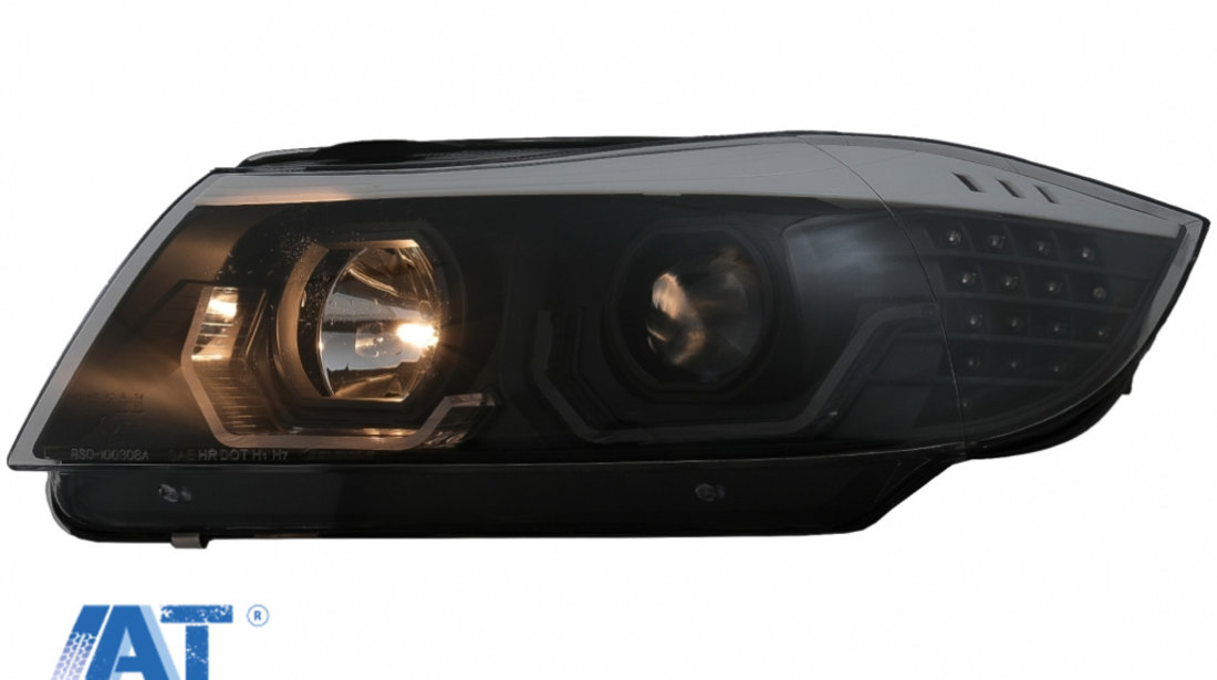 Faruri 3D LED Angel Eyes compatibil cu BMW Seria 3 Limousine E90 Touring E91 (03.2005-08.2008) LHD Negru