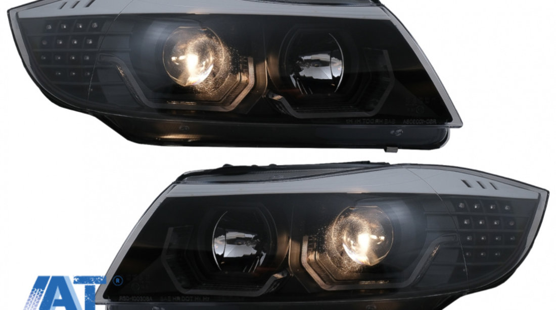 Faruri 3D LED Angel Eyes compatibil cu BMW Seria 3 Limousine E90 Touring E91 (03.2005-08.2008) LHD Negru