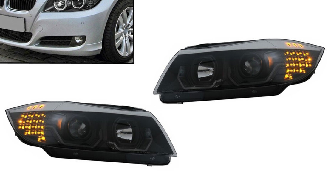 Faruri 3D LED Angel Eyes compatibile cu BMW Seria 3 E90 (05-08)