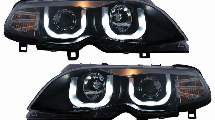 Faruri 3D U LED Angel Eyes compatibil cu BMW Seria 3 E46 Facelift (09.2001-03.2005) Limousine Touring Negru HLBME46FL3DB