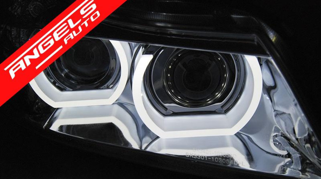 Faruri Angel Eyes BMW E90/E91 2009-2011 Crom Semnal LED Xenon