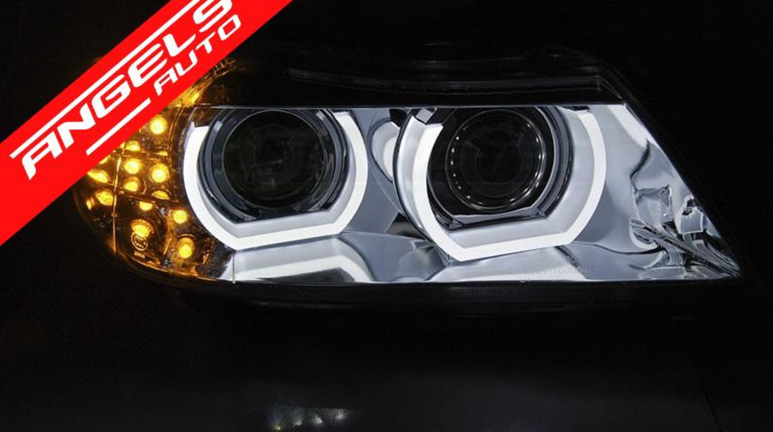 Faruri Angel Eyes BMW E90/E91 2009-2011 Crom Semnal LED Xenon