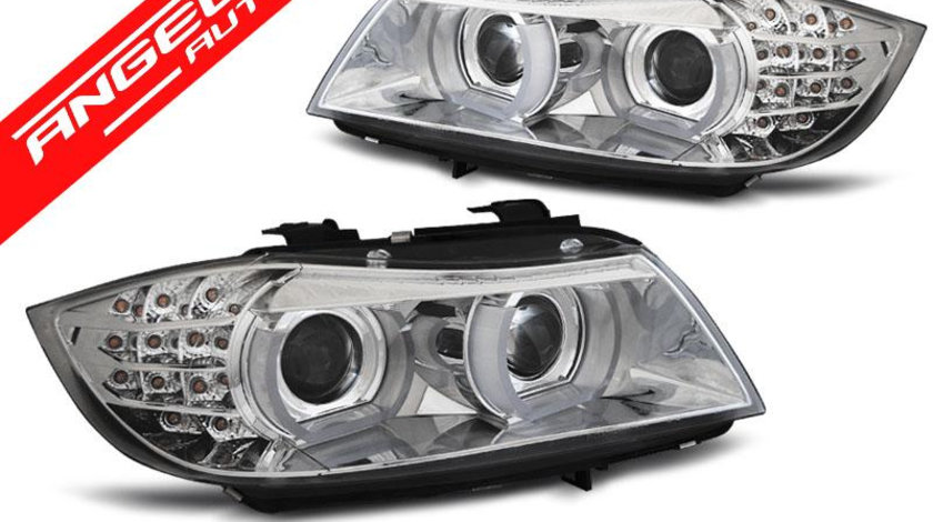 Faruri Angel Eyes BMW E90/E91 2009-2011 Crom Semnal LED Xenon