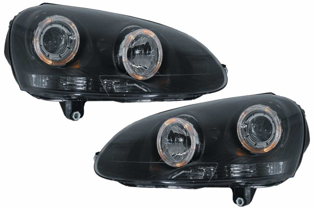 Faruri Angel Eyes compatibil cu VW Golf 5 V (2003-2007) LHD/RHD Negru HLVWG5B