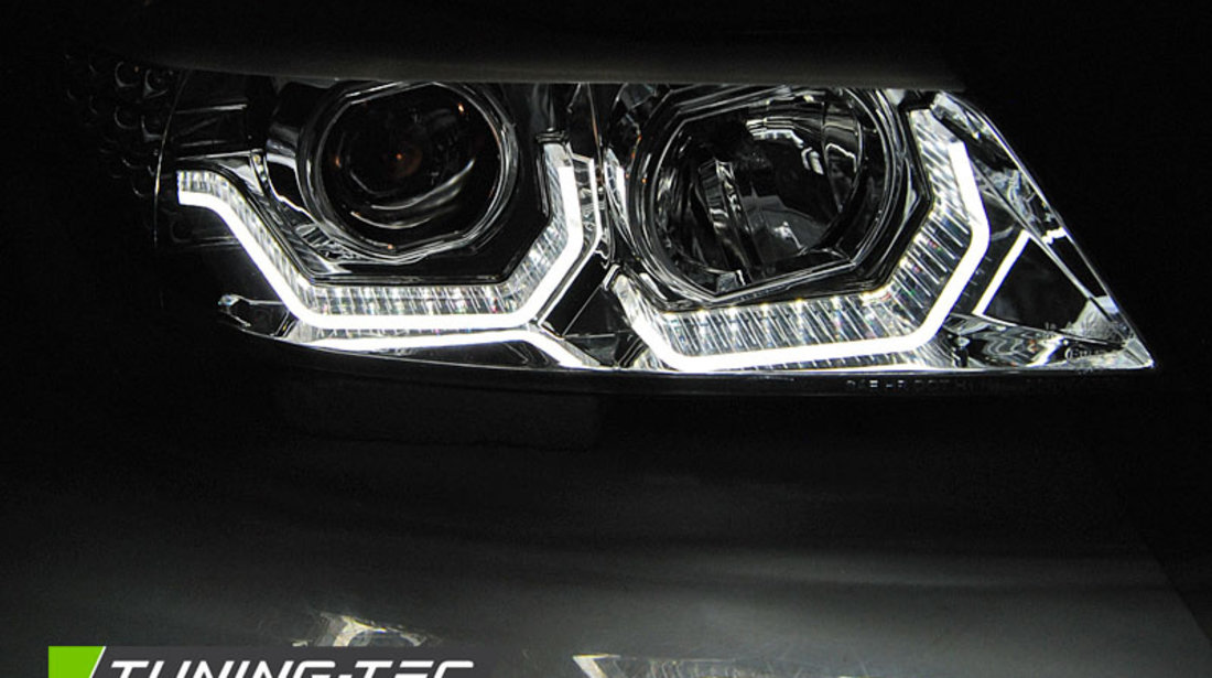 Faruri ANGEL EYES LED 3D Crom look compatibila BMW E90/E91 05-08