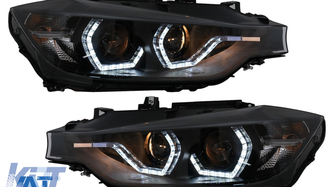 Faruri Angel Eyes LED DRL compatibil cu BMW Seria 3 F30 F31 Sedan Touring LCI (2015-2019) Negru