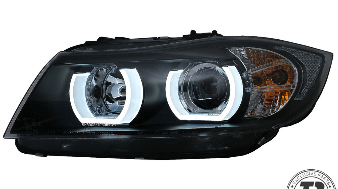 Faruri Angel Eyes Xenon U-Led 3D compatibile cu BMW Seria 3 E90/ E91 (05-08) Negru