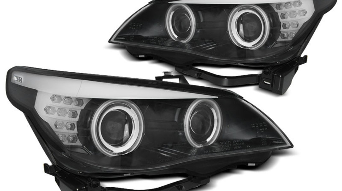 Faruri BMW E60/E61 2003-2007 Angel eyes CCFL Negru cu indicator LED