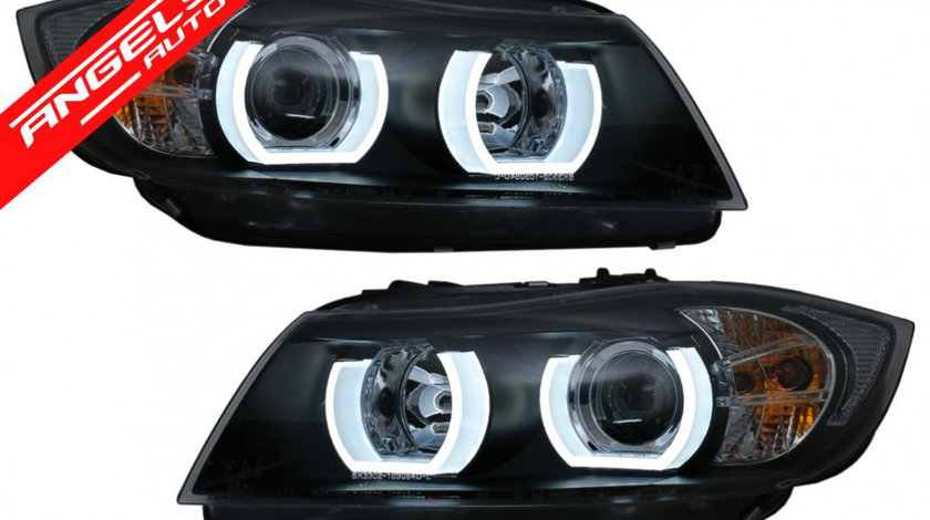 Faruri BMW E90 E91 Xenon U-Led 3D Dual Halo (2005-08.2008) Black Look