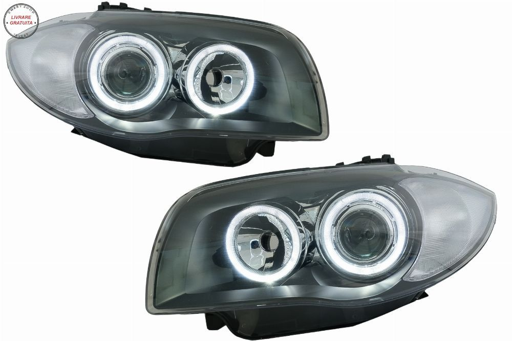 Faruri BMW Seria 1 E81 E82 E87 E88 (2004-2011) Angel Eyes Negru- livrare gratuita