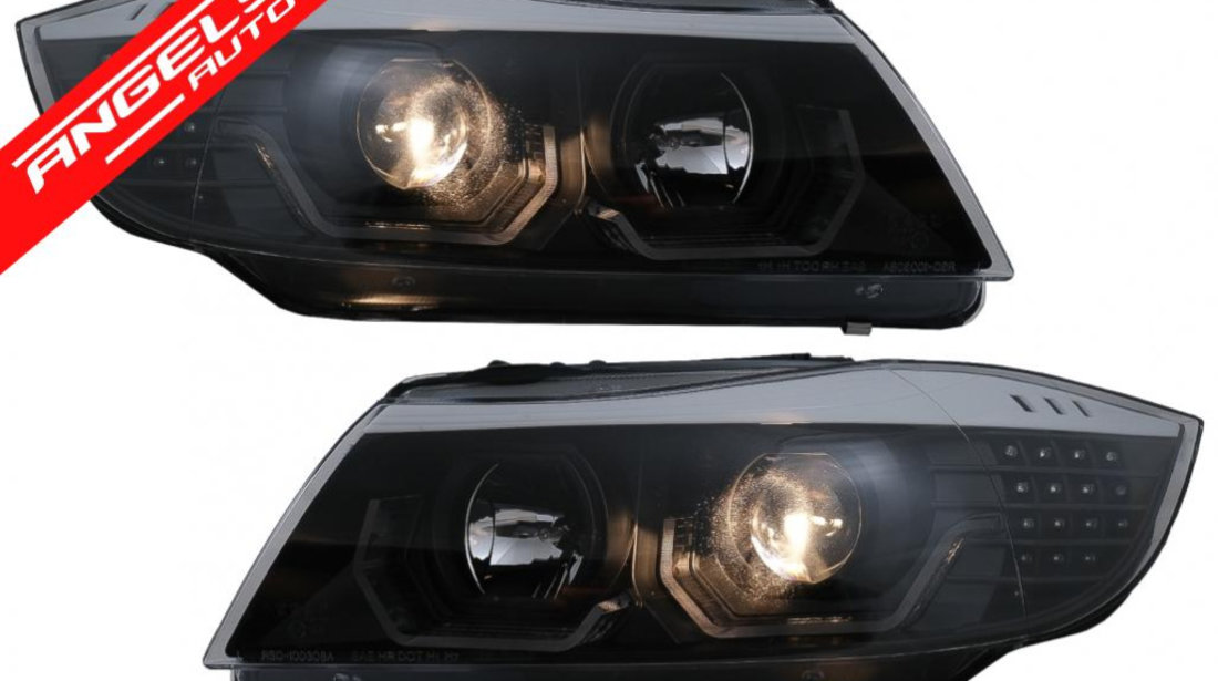 Faruri BMW Seria 3 E90 E91 (03.2005-08.2008) LHD Negru LED Angel Eyes