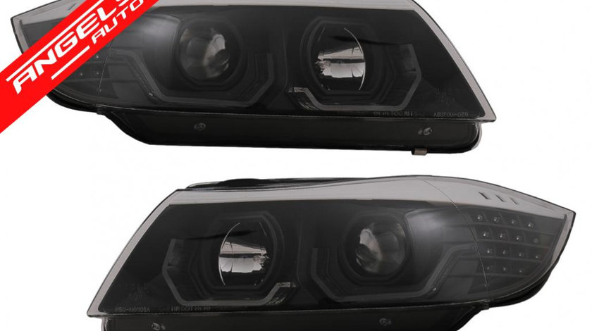 Faruri BMW Seria 3 E90 E91 (03.2005-08.2008) LHD Negru LED Angel Eyes