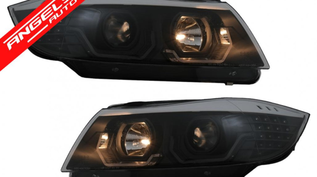 Faruri BMW Seria 3 E90 E91 (03.2005-08.2008) LHD Negru LED Angel Eyes