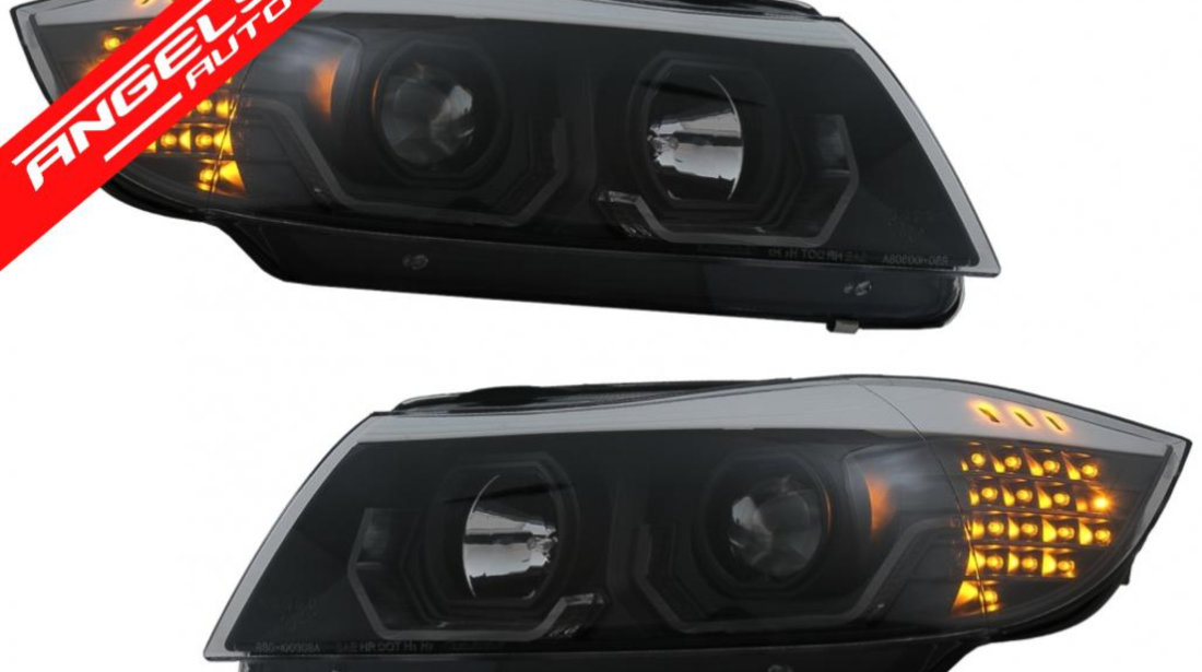 Faruri BMW Seria 3 E90 E91 (03.2005-08.2008) LHD Negru LED Angel Eyes