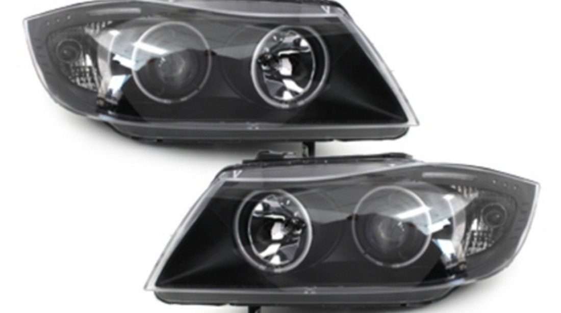 Faruri compatibil cu BMW Seria 3 E90 E91 (03.2005-08.2008) Angel Eyes CCFL Negru SWB12EB