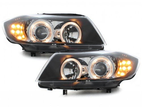 Faruri compatibil cu BMW Seria 3 E90 Sedan E91 Touring (03.2005-08.2008) Angel Eyes Negru Indicator ...
