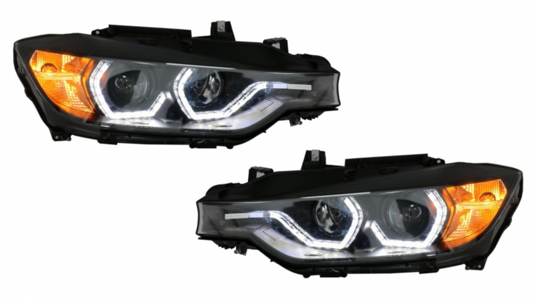 Faruri Full Angel Eyes LED DRL compatibil cu BMW 3 Series F30 F31 Sedan Touring (10.2011-05.2015) Negre HLBMF30M3