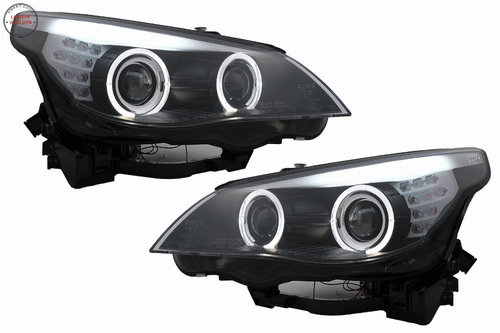 Faruri LED Angel Eyes BMW Seria 5 E60 E61 (2003-2007) LCI Design Negru- livrare gratuita