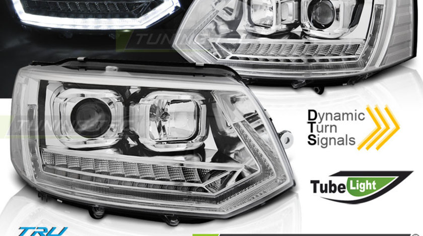 Faruri TUBE LIGHT DRL Crom look SEQ compatibila VW T5 2010-2015