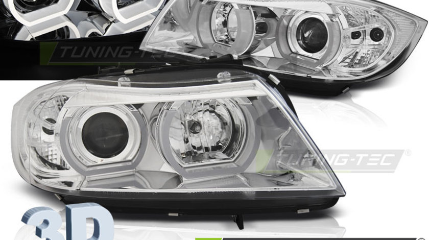 Faruri U-LED LIGHT 3D Crom look compatibila BMW E90/E91 03.05-08.08