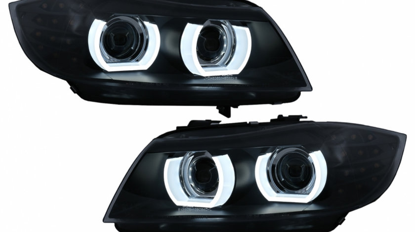 Faruri Xenon 3D Angel Eyes LED DRL compatibil cu BMW Seria 3 E90 E91 (2008-2011) Negru HLBME90FLD1SB