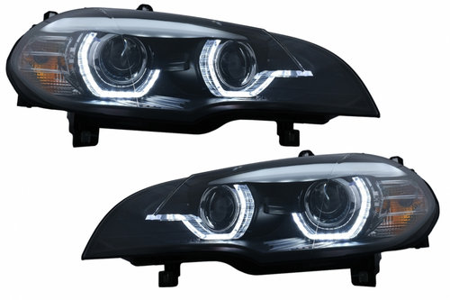Faruri Xenon Angel Eyes 3D LED DRL compatibil cu BMW X5 E70 (2007-2010) Negru AFS HLBME70NFLBLEDAFS