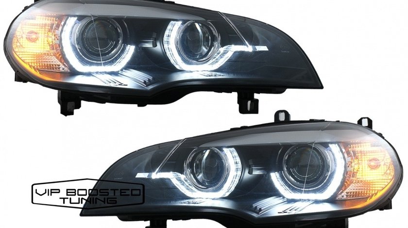 Faruri Xenon TUNING U Led 3D BMW X5 E70 (2007-2010) Angel Eyes led Negre