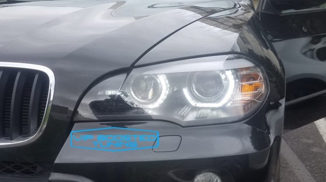 Faruri Xenon U Led 3D BMW X5 E70 (2007-2010) Angel Eyes led Negre