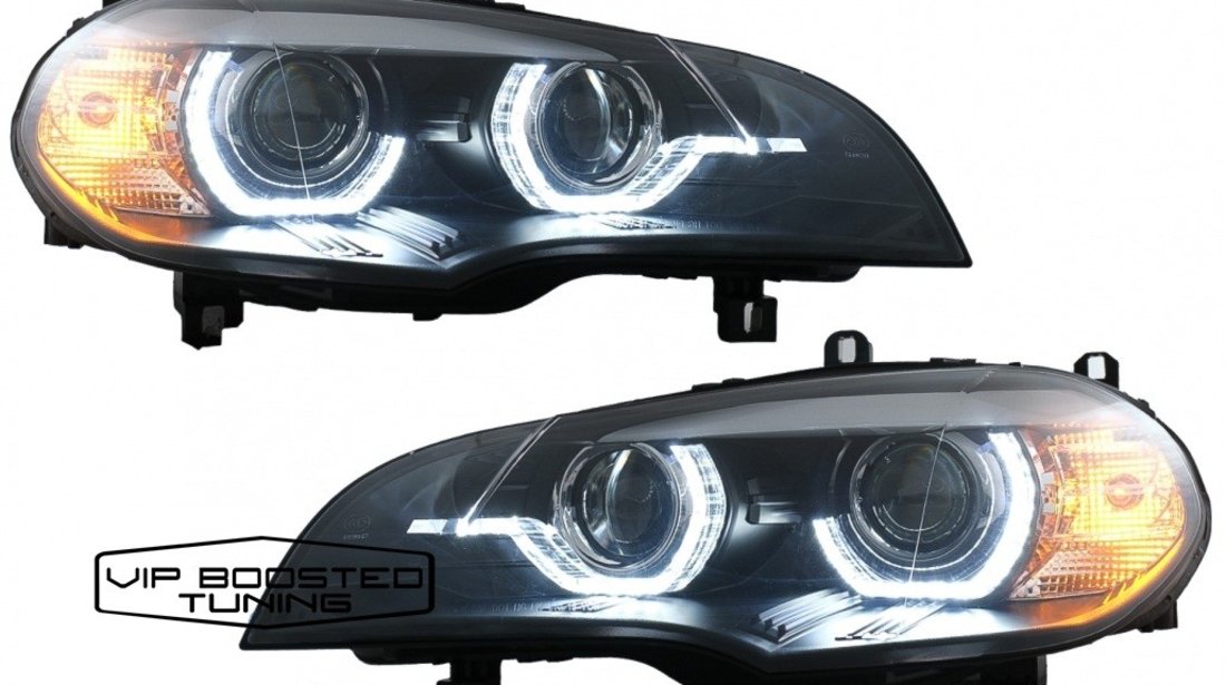 Faruri Xenon U Led 3D BMW X5 E70 (2007-2010) Angel Eyes led Negre