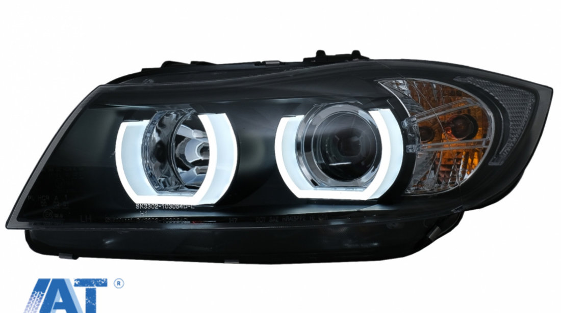 Faruri Xenon U-Led 3D Dual Halo Rims compatibil cu BMW Seria 3 E90 Limuzina E91 Touring (03.2005-08.2008) LHD Negru
