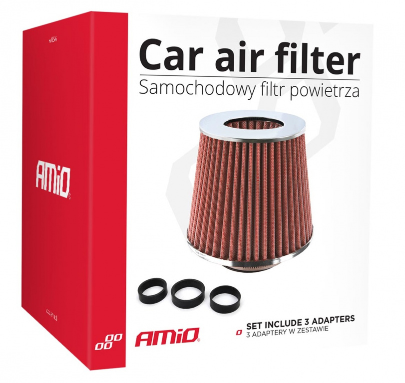Filtru Aer Sport + 3 Adaptoare Rosu + Crom Amio 01282