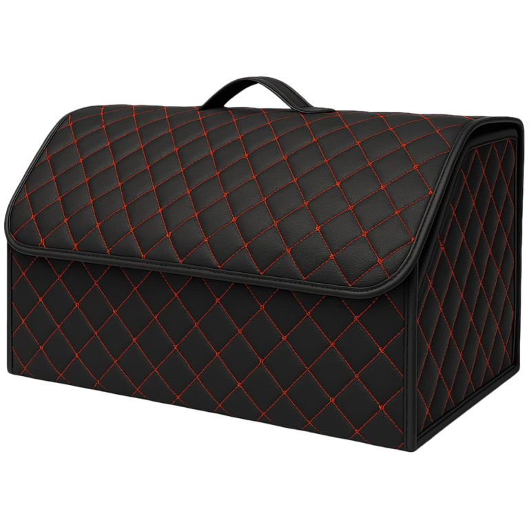 Geanta Organizator Portbagaj Auto Premium Din Piele Ecologică Negru Cu Cusătură Roșie 66 x 30 x 30cm RAZ450