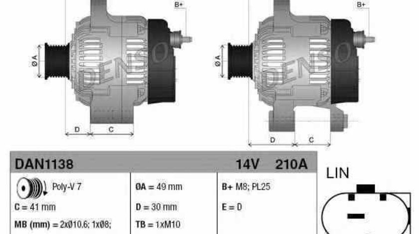 Generator / Alternator BMW 5 (F10, F18) DENSO DAN1138