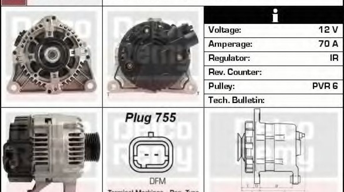 Generator / Alternator FIAT SCUDO combinato (220P) (1996 - 2006) DELCO REMY DRA3755 piesa NOUA