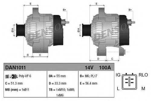 Generator / Alternator TOYOTA RAV 4 III (ACA3, ACE, ALA3, GSA3, ZSA3) (2005 - 2016) DENSO DAN1011 pi...