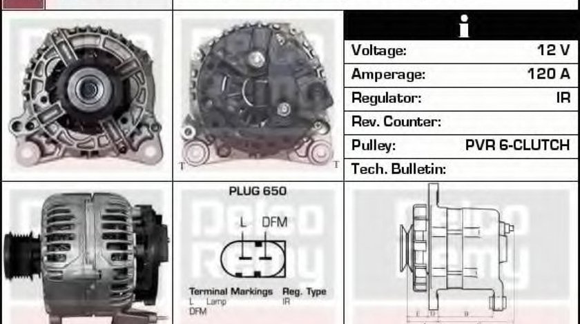 Generator / Alternator VW TRANSPORTER V platou / sasiu (7JD, 7JE, 7JL, 7JY, 7JZ, 7FD) (2003 - 2016) DELCO REMY DRB1860 piesa NOUA