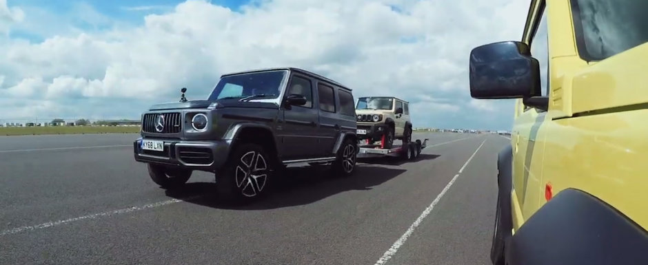 Ghici cine castiga: Cursa intre un Suzuki Jimny si un Mercedes G63 cu Suzuki Jimny pe platforma