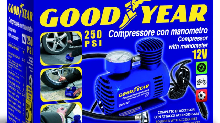 Goodyear Compresor Portabil Pentru Umflare Anvelope Cu Manometru + 3 Duze &quot;Strong&quot; 12 Atm 250Psi GDY0003