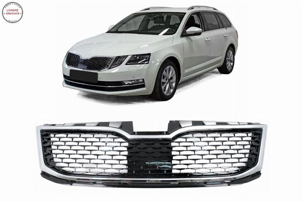Grila Centrala Skoda Octavia III 5E Facelift Sedan Wagon (2017-2020) Negru/Crom- livrare gratuita