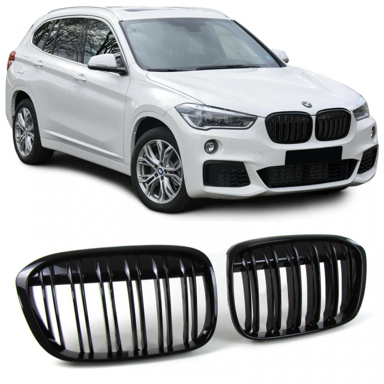 Grile negru lucios duble BMW X1 F48 2014-2019 ⭐⭐⭐⭐⭐