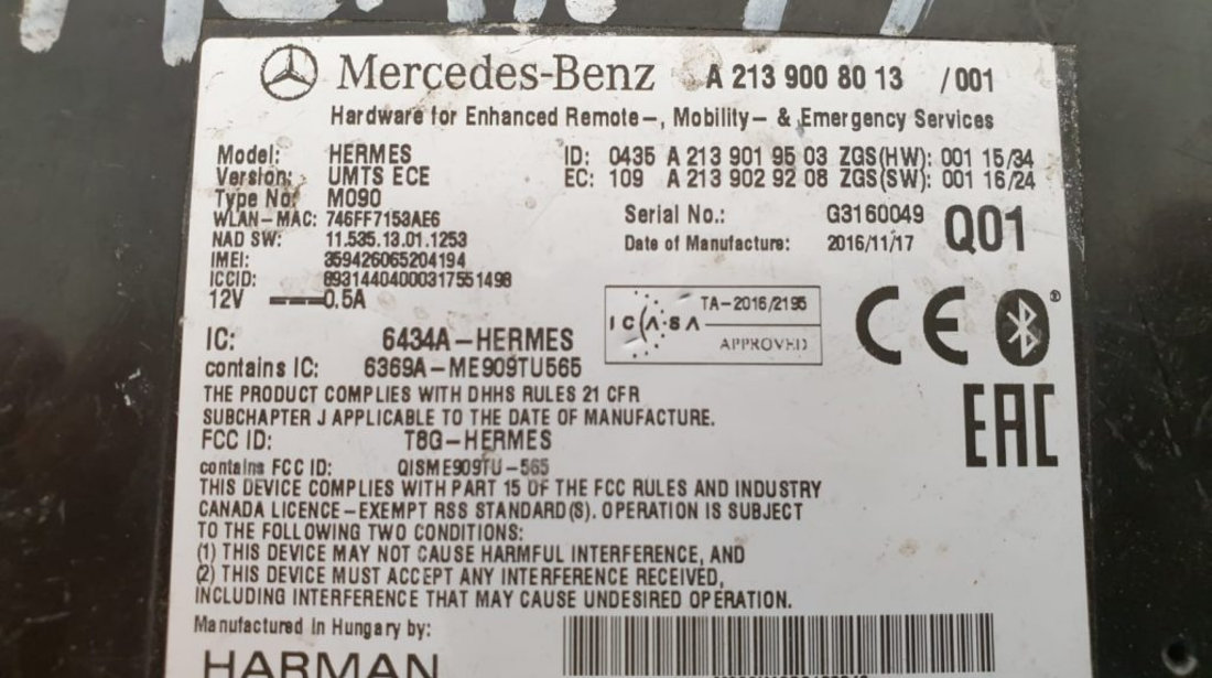 HARMAN Modul Bluetooth Mercedes A B C CLA GLC E-Klasse, A2139008013, 6434A-HERMES, G3160049