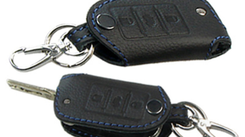 Husa cheie din piele pentru VW Polo Golf Passat Tiguan, Skoda Octavia Fabia, Seat Leon, cusatura neagra, pentru cheie cu 3 butoane