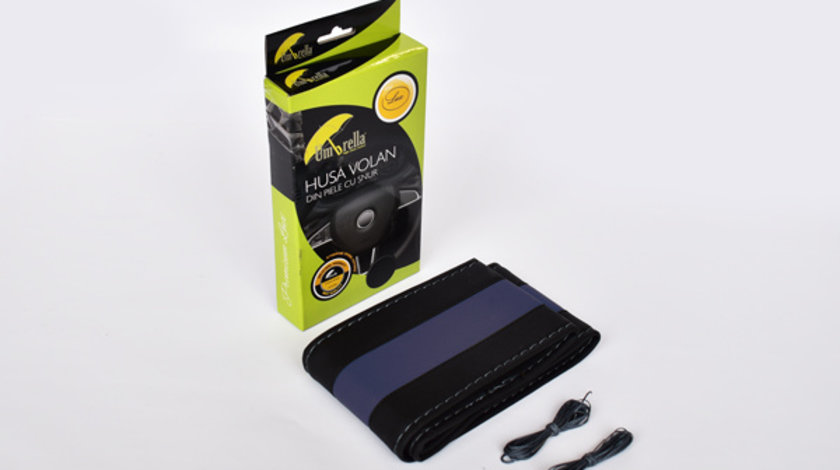 Husa volan cu snur din piele ecologica negru + albastru Umbrella (10199)