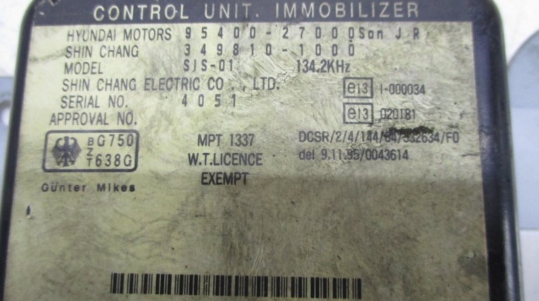 IMOBILIZATOR / UNITATE CONTROL COD 95400-27000 HYUNDAI COUPE FAB. 1996 - 2002 ⭐⭐⭐⭐⭐