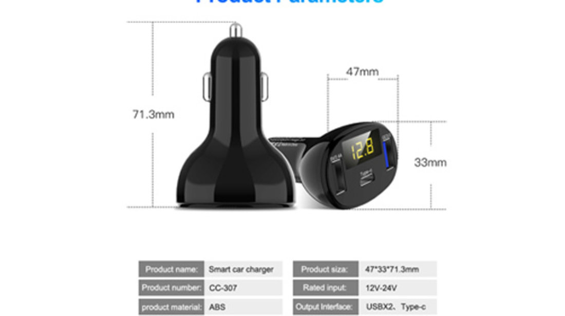 INCARCATOR AUTO 1xUSB QC3.0 + 1xUSB 2.4A + 1xUSB Type-C CU AFISAJ TENSIUNE/PUTERE LED ⭐⭐⭐⭐⭐