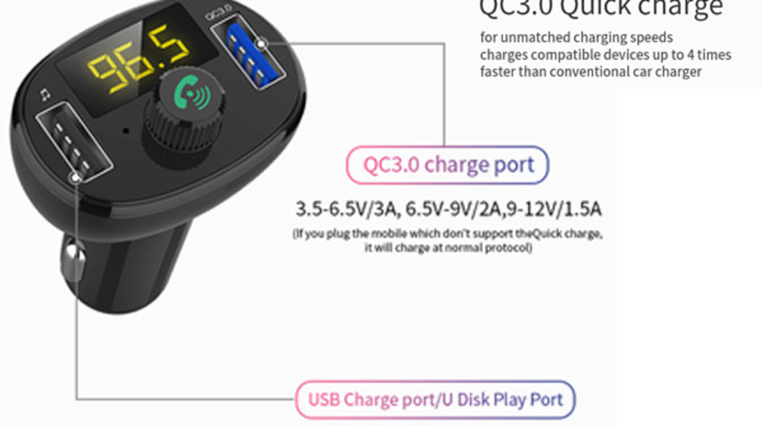 INCARCATOR AUTO 1XUSB QC3.0 SI 1XUSB 2.4A CU BLUETOOTH SI MODULATOR FM ⭐⭐⭐⭐⭐