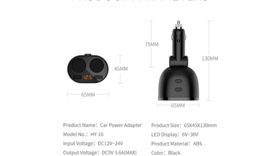 INCARCATOR AUTO 2XUSB (1x2.4A si 1x1A) SI 2XPRIZA BRICHETA AUTO CU AFISAJ TENSIUNE/PUTERE LED ⭐⭐⭐⭐⭐